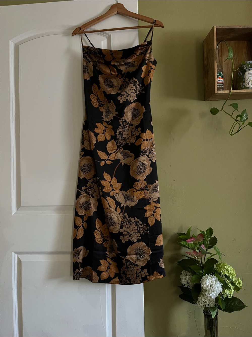 Lulu's Black Slip Midi Dress with Brown Floral Print